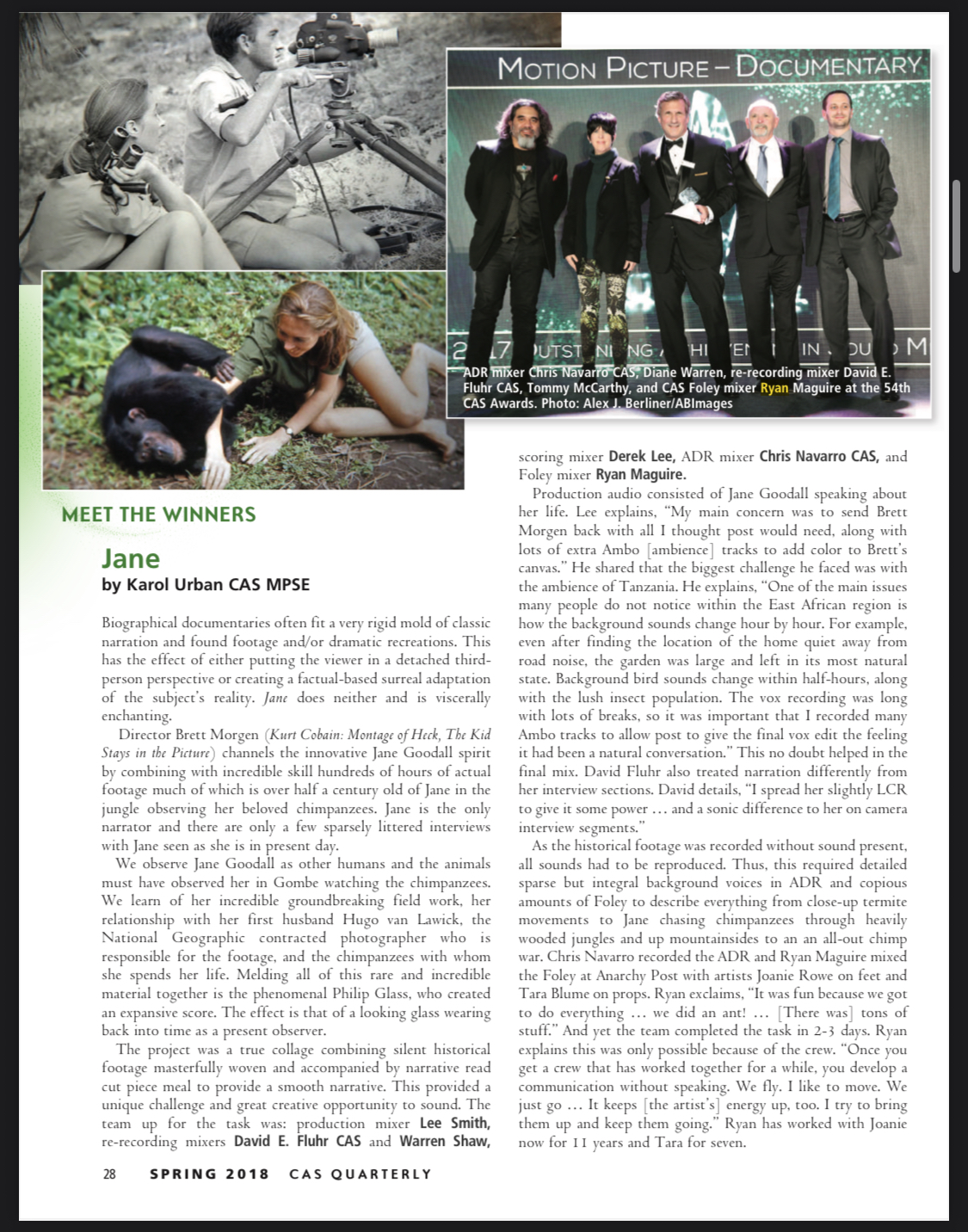 CAS Quarterly Spring 2018 'Meet the Winners: Jane' page — 54th CAS Awards photo with Ryan Maguire and article on Jane's Foley team