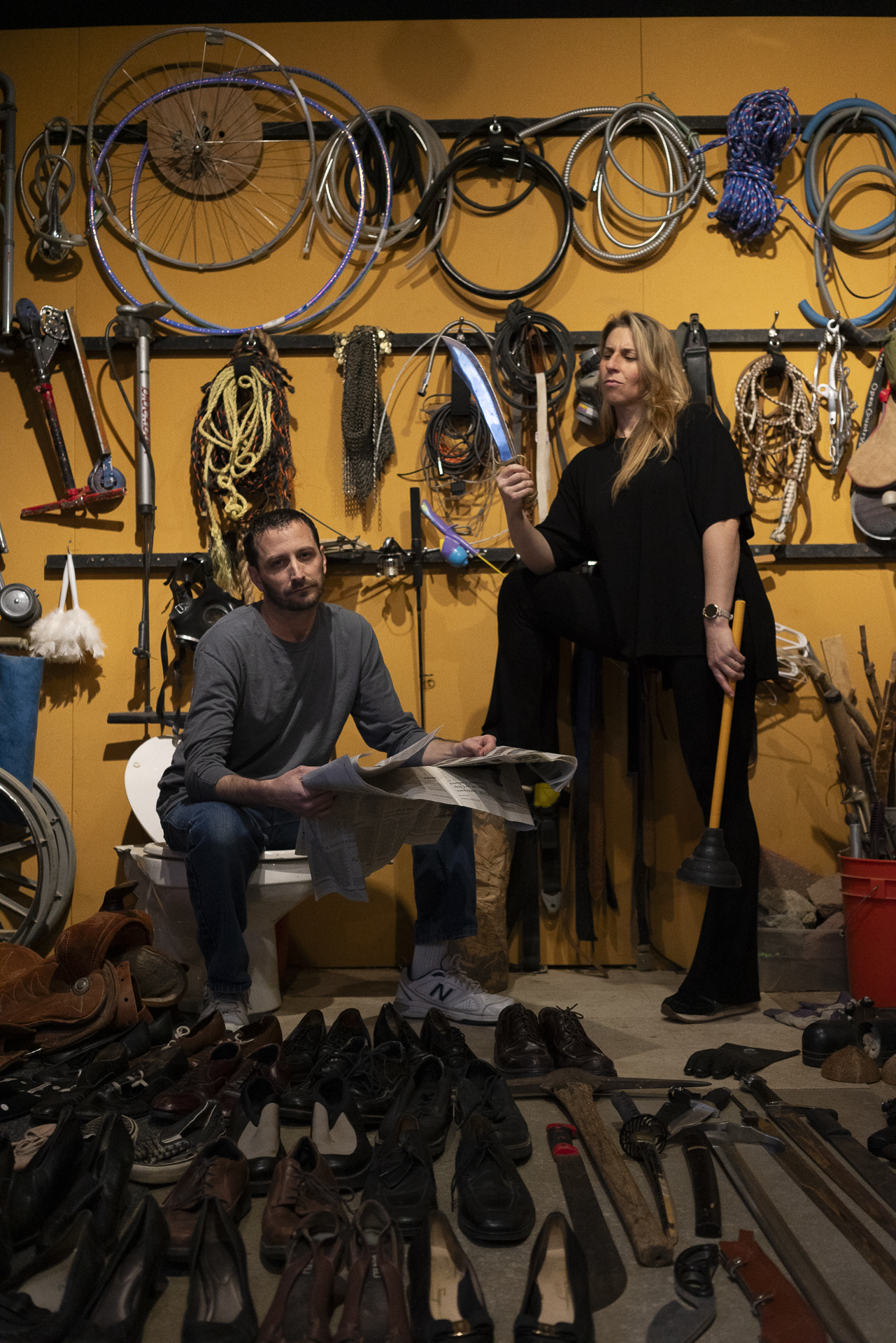 Tara Blume and Ryan Maguire in the Foley prop room at The Foley Job in Burbank, California