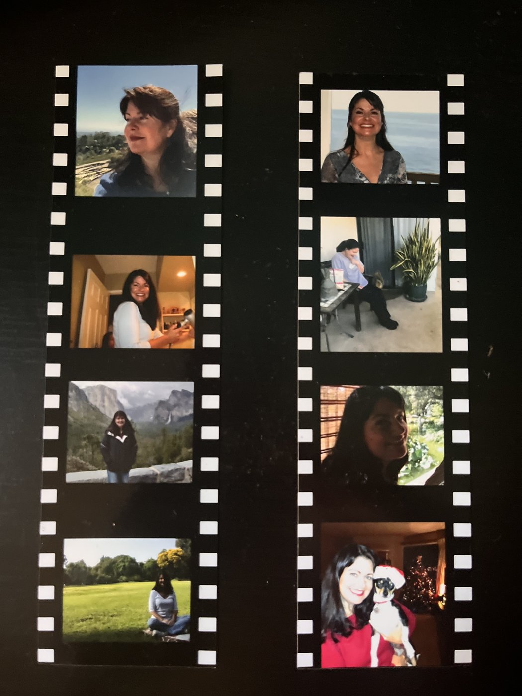 Film-strip collage of eight photographs of Katie Rose through the years — portraits, travels and her dog