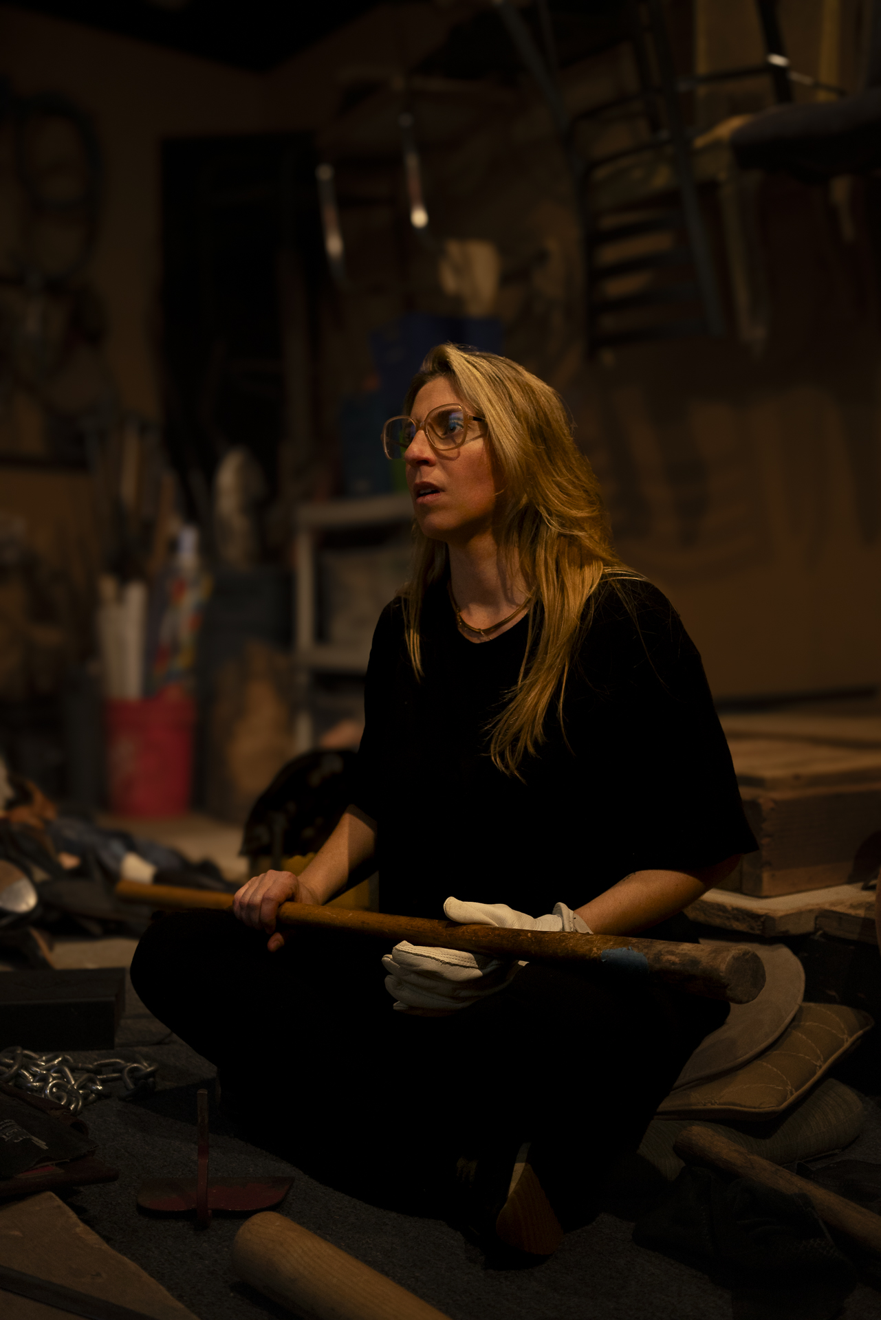 Foley artist Tara Blume performing a prop cue on the Los Angeles Foley stage